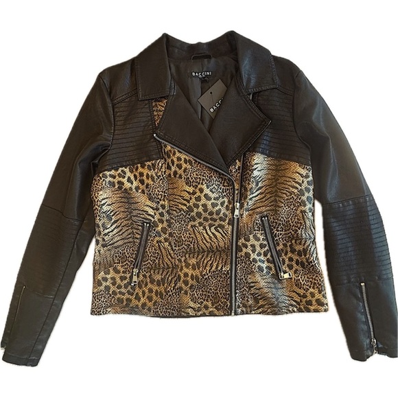 NWT Baccini Faux Leather Leopard Print Moto Jacket M - Picture 1 of 15
